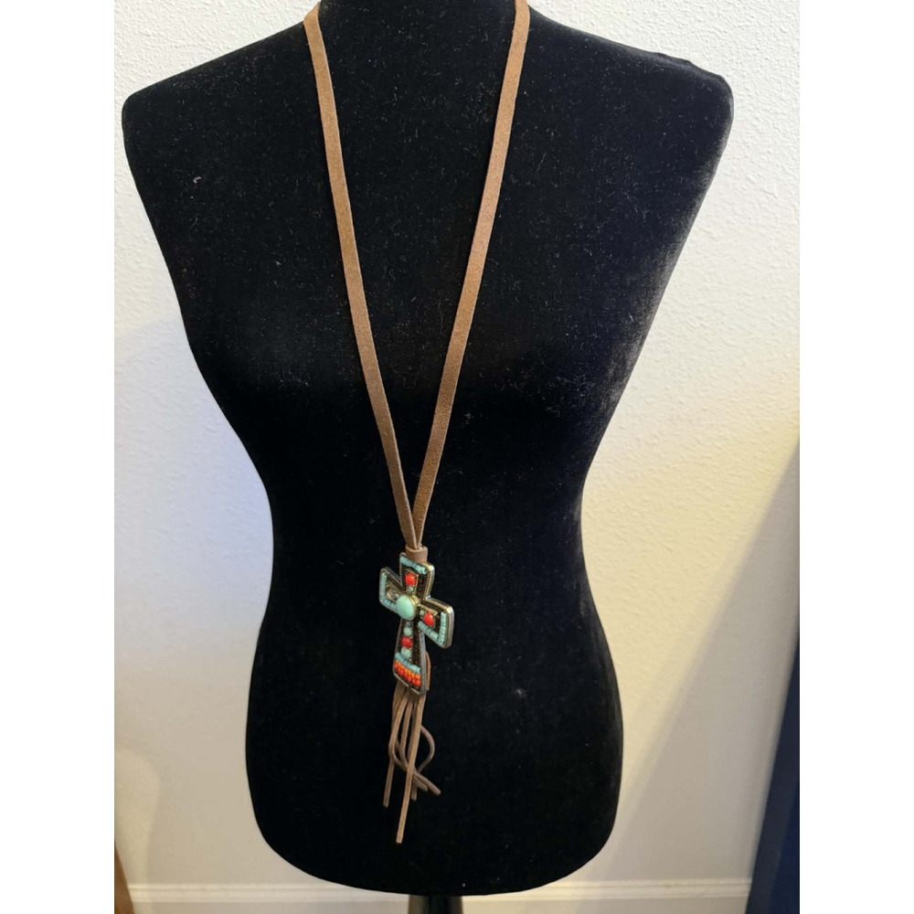 Southwestern Cross Necklace Suede Leather Cord Turquoise Coral Style Boho Fringe